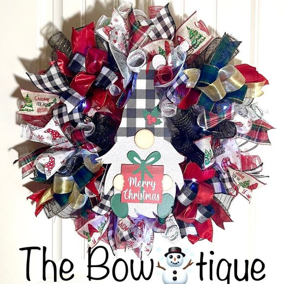Handmade Merry Christmas Gnome Holiday Ribbon Door Wreath 22 ins W46 - Picture 1 of 11